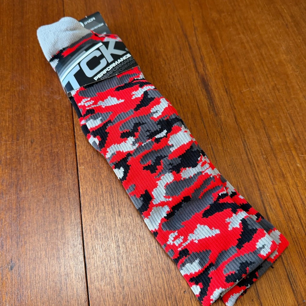 TCK Performance Digital Camo Athletic Socks Scarlet Red Black Grey Large NEW